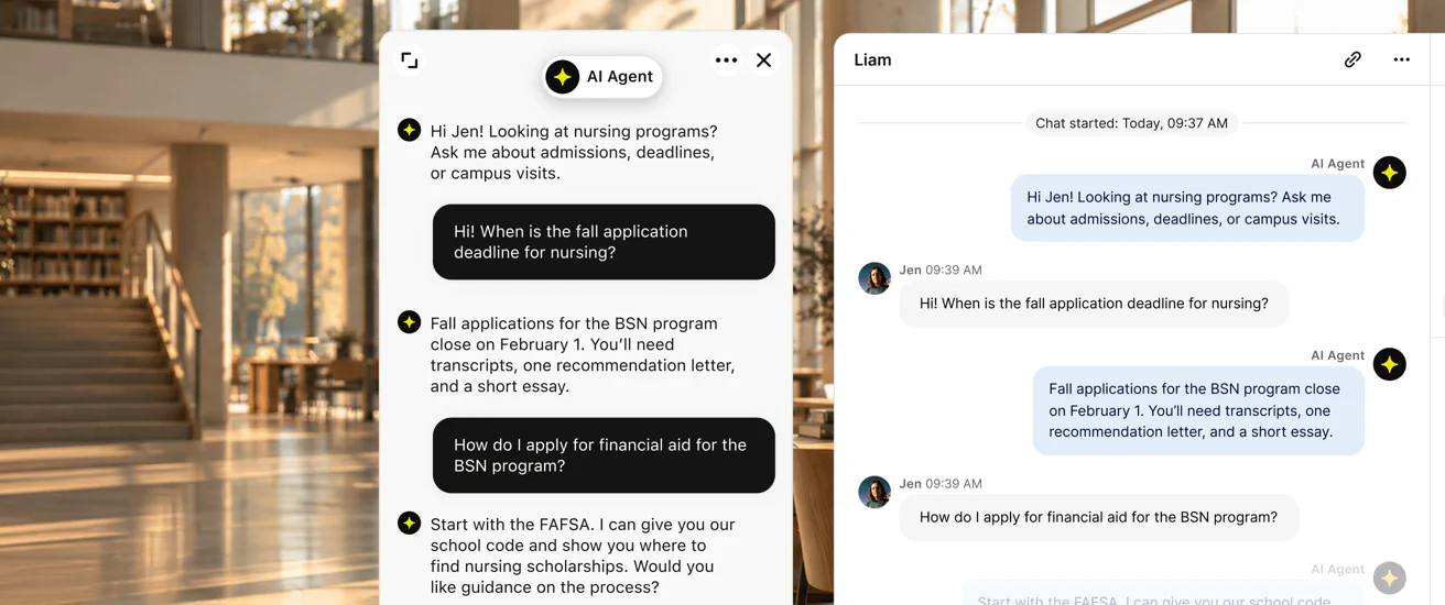 Text chat widget and inbox: the AI Agent answering a nursing applicant’s questions about the fall deadline and financial aid