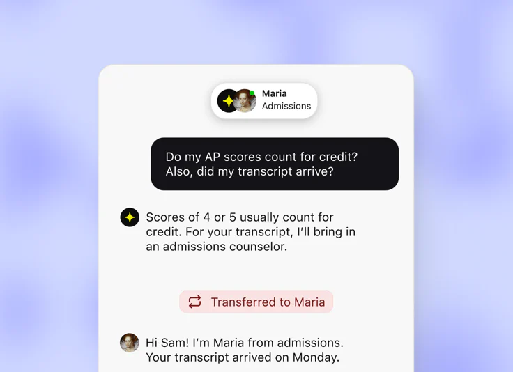 AI Agent answering a question about AP credit, then transferring the chat to Maria from admissions