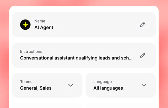 Text AI Agent settings with an editable name and instructions, the General and Sales teams, and All languages selected