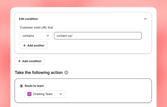 Text routing rule editor: when a customer visits a URL that contains contact-us/, route the chat to the Chatting Team