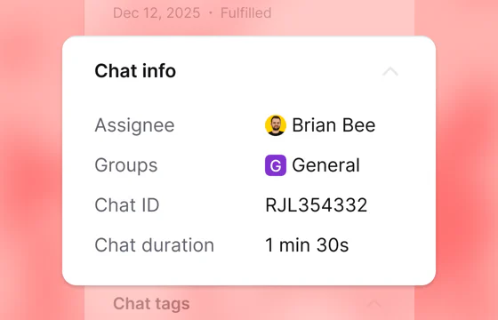 Text Chat info card showing the assignee Brian Bee, the General group, a chat ID, and a chat duration of 1 minute 30 seconds