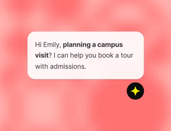 Chat greeting inviting a visitor named Emily to book a campus tour with admissions