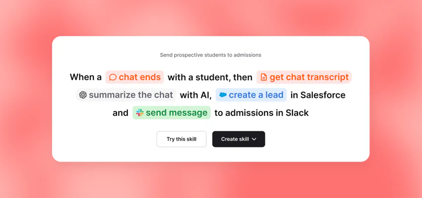 Text Playbook skill: when a chat ends with a student, get the chat transcript, summarize the chat with AI, create a lead in Salesforce, and send a message to admissions in Slack