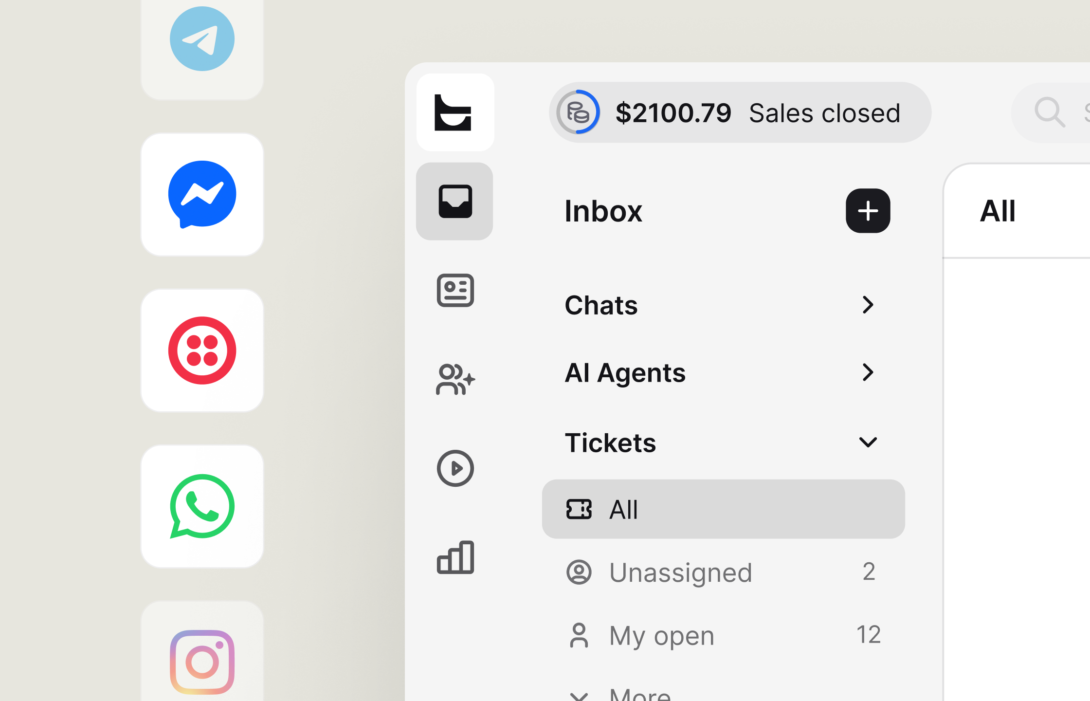 A preview of third-party integrations available in the communication channels app category.