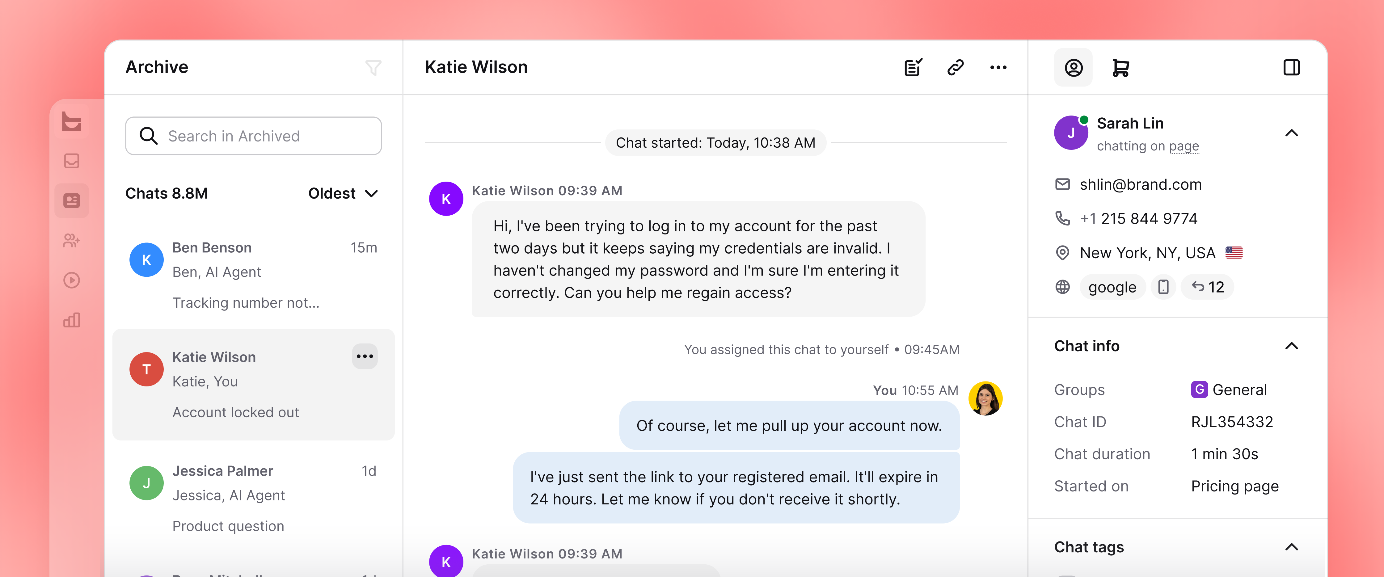 A preview of archived conversations in live chat by Text.