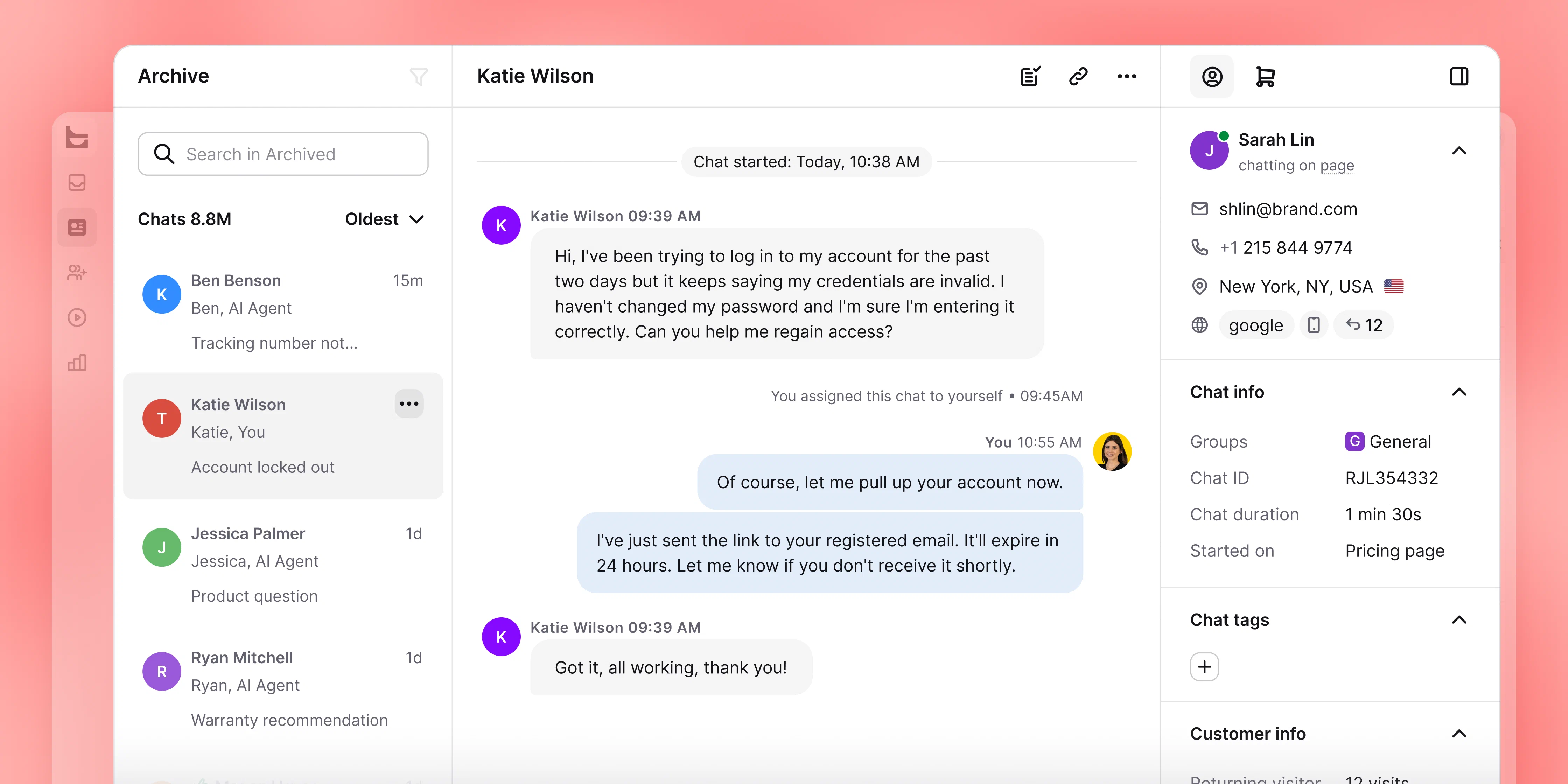 A searchable archived conversation and customer details in LiveChat