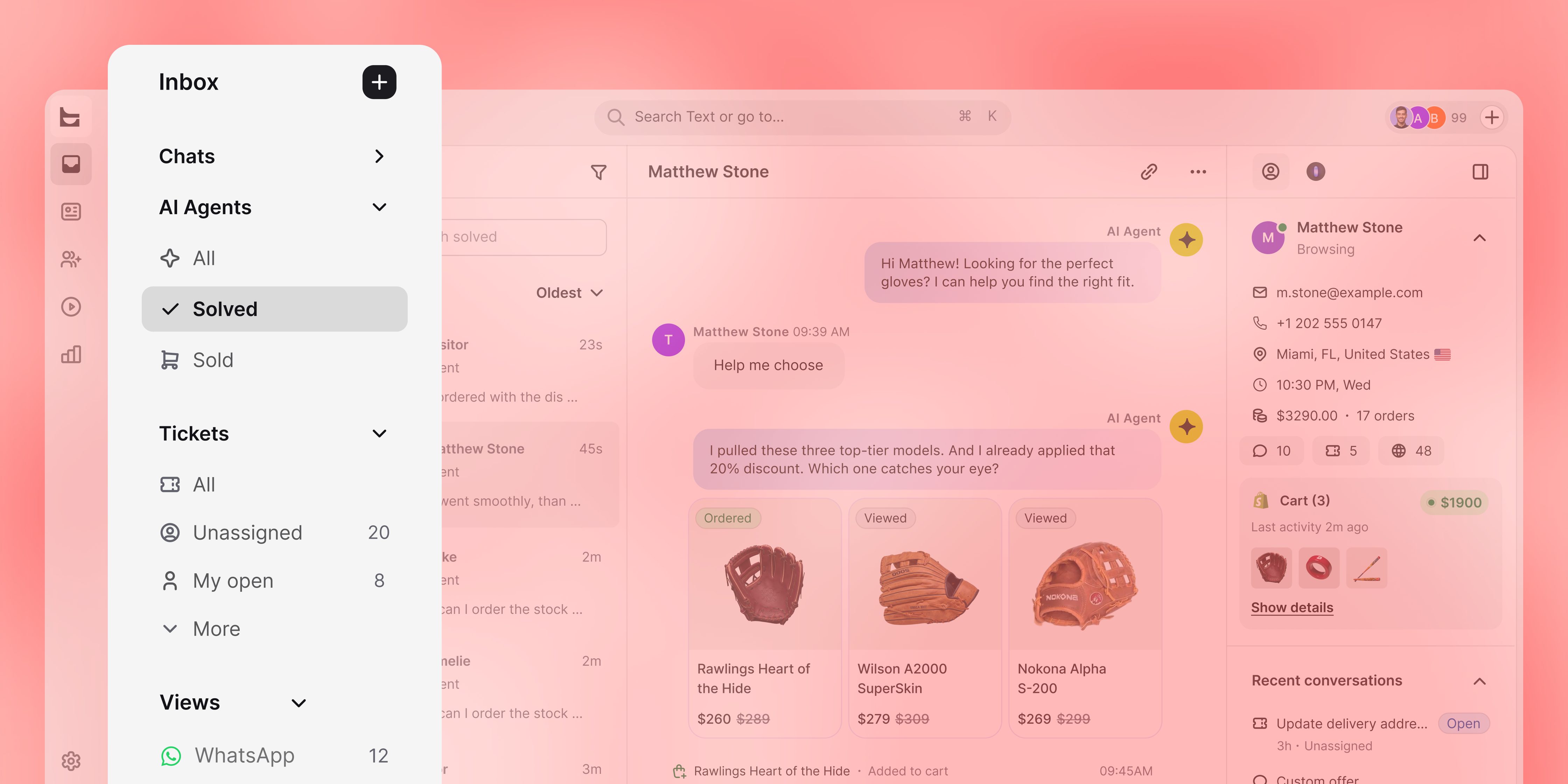 A preview of conversation views in the live chat by Text Inbox.