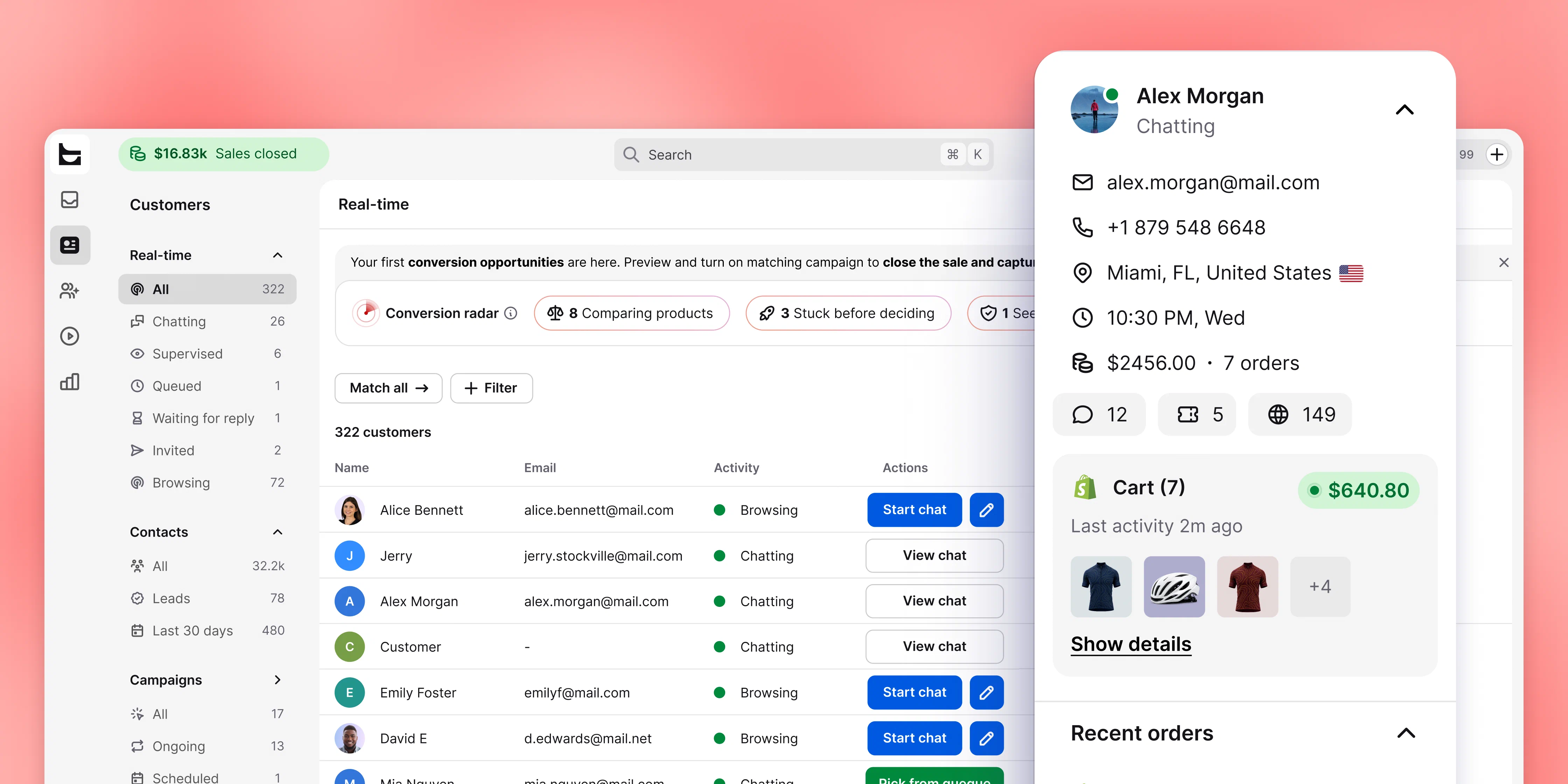 Customer details displayed beside an active conversation in LiveChat