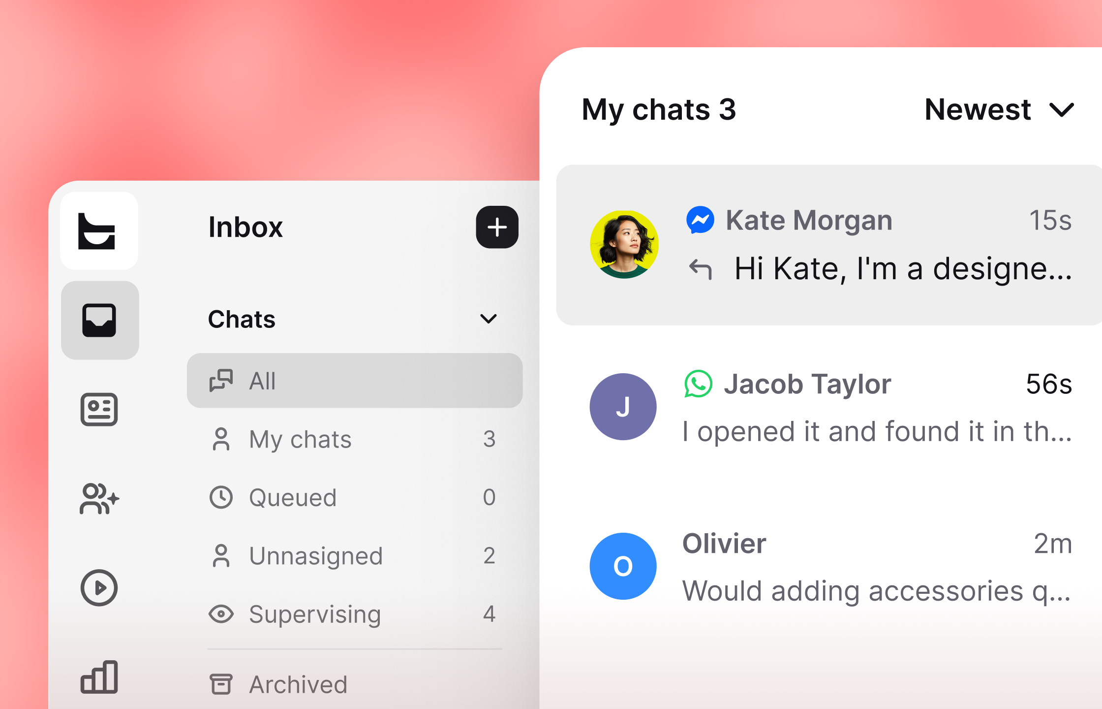 A preview of Inbox with conversation views, an active conversation, AI assistance, and customer details.