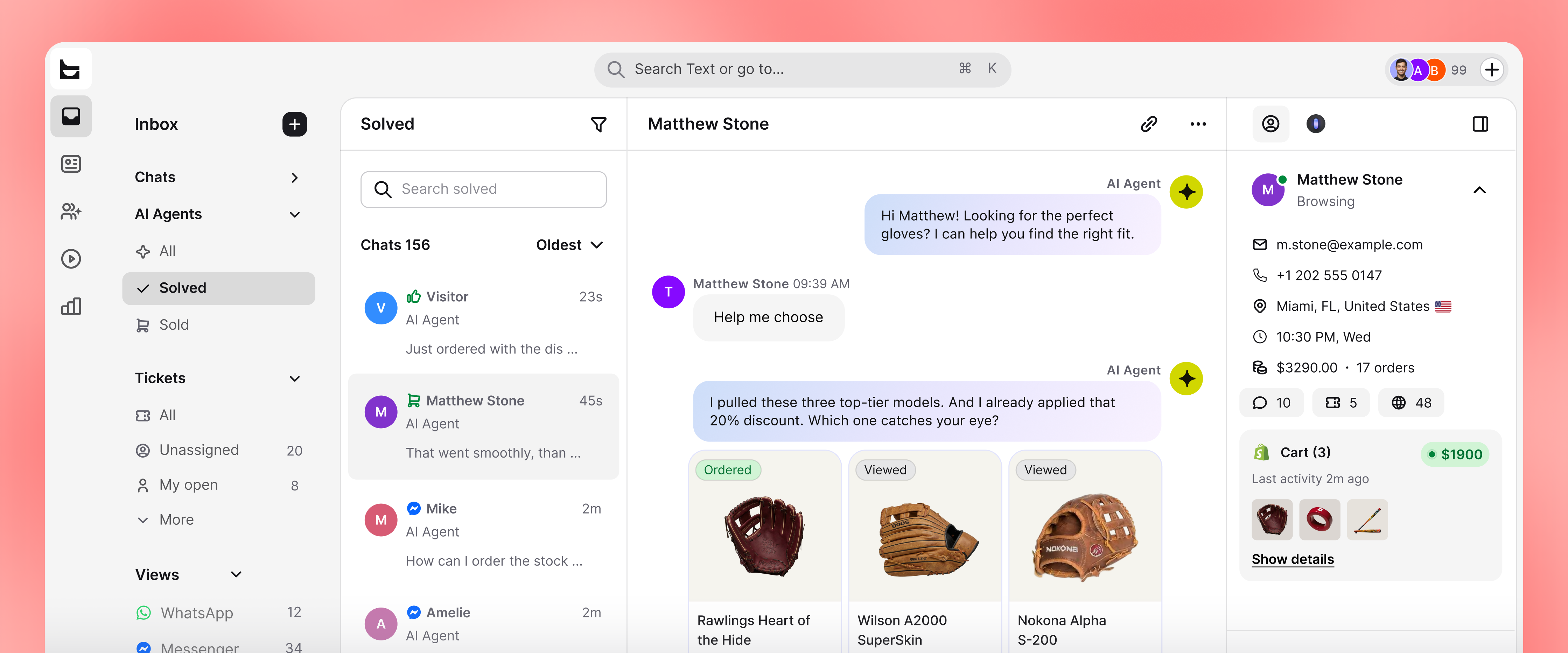 A preview of Inbox with conversation views, an active conversation, AI assistance, and customer details.
