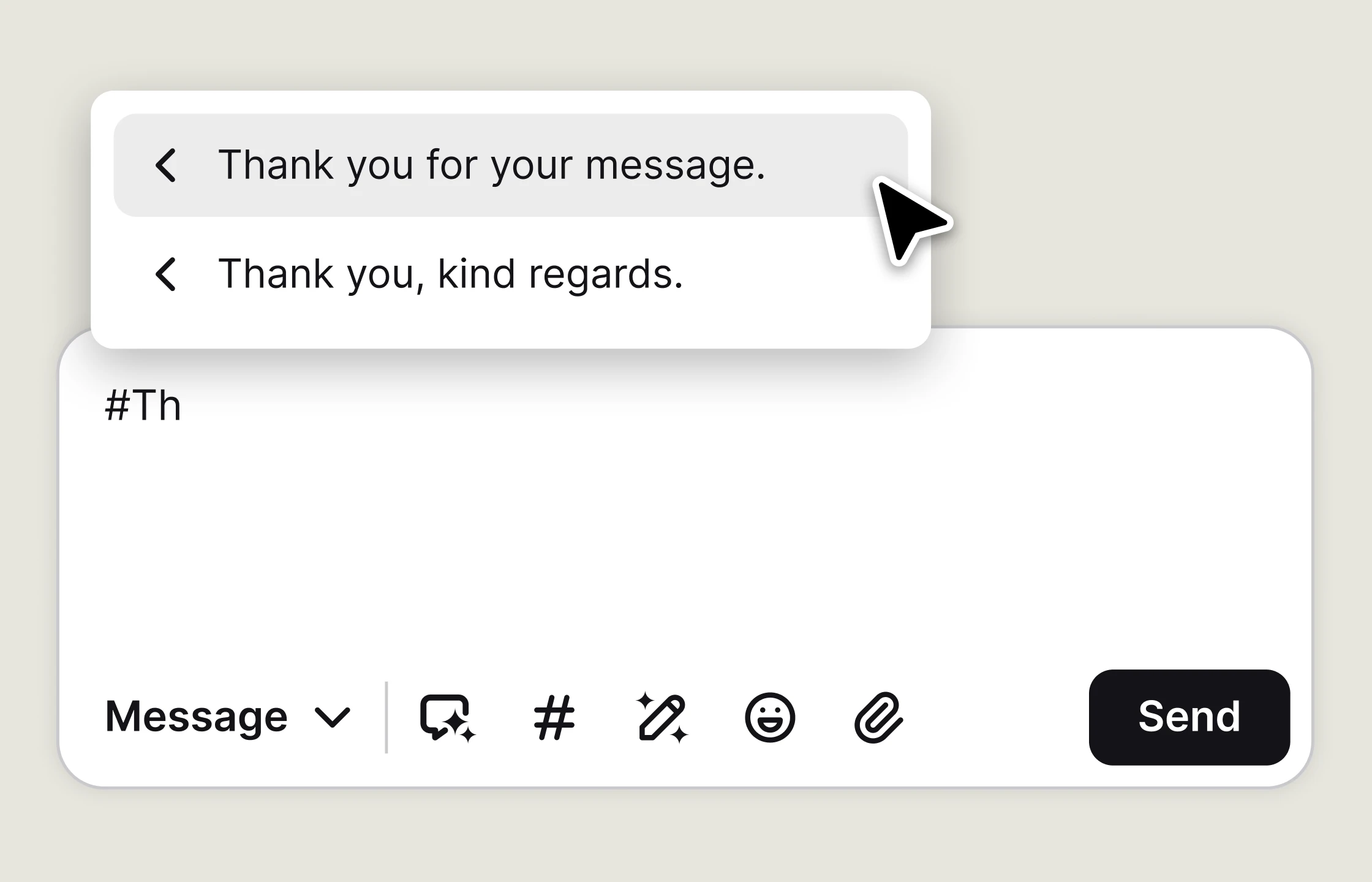 Canned responses and shortcuts in the live chat by Text Inbox message composer.