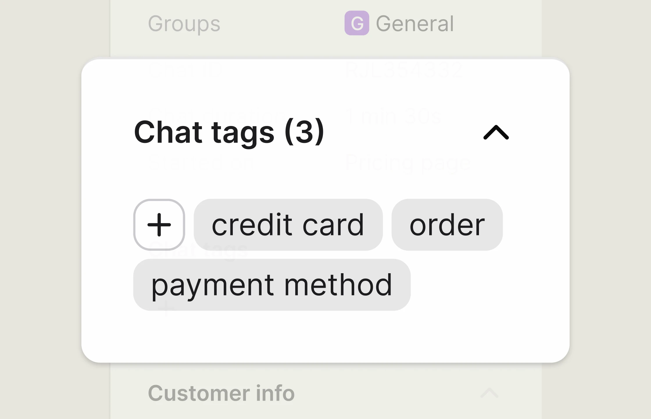 Tags used to organize conversations in the live chat by Text Inbox.