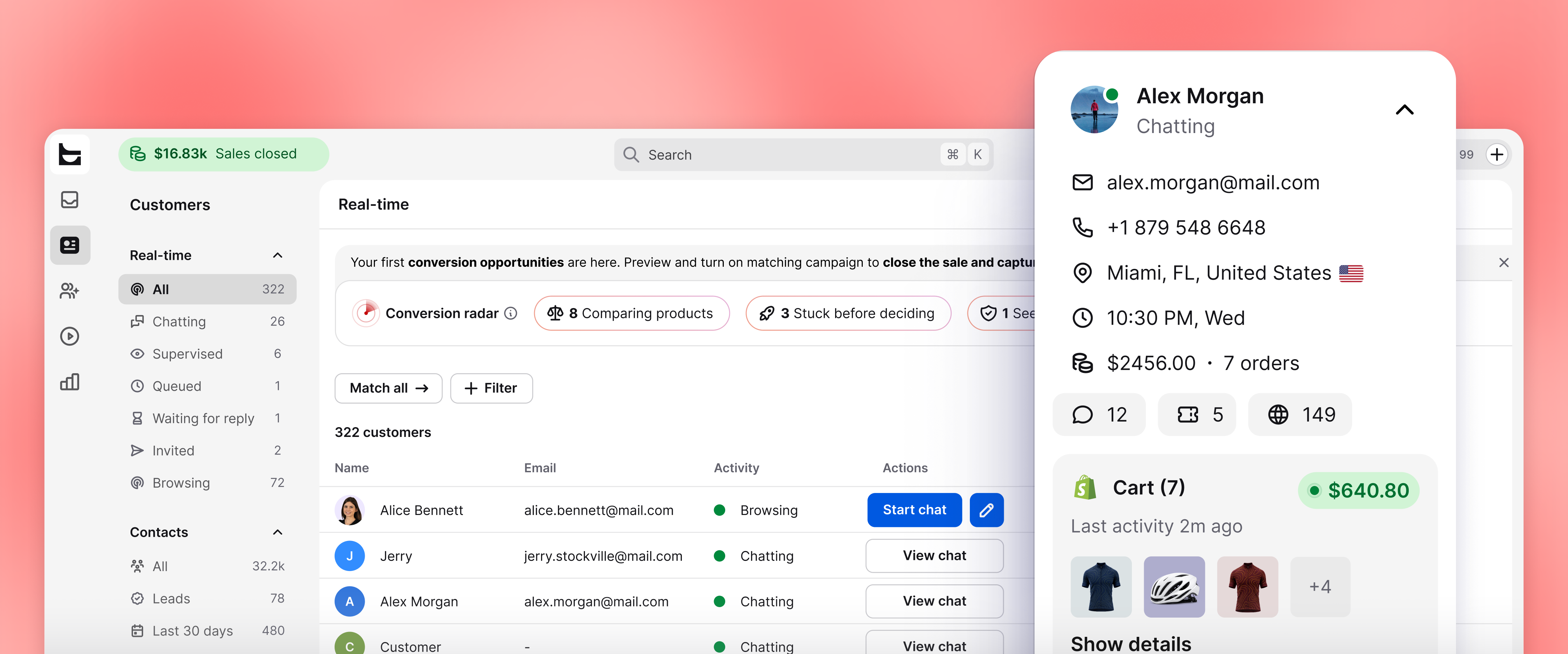 A customer directory and detailed customer profile in live chat by Text.
