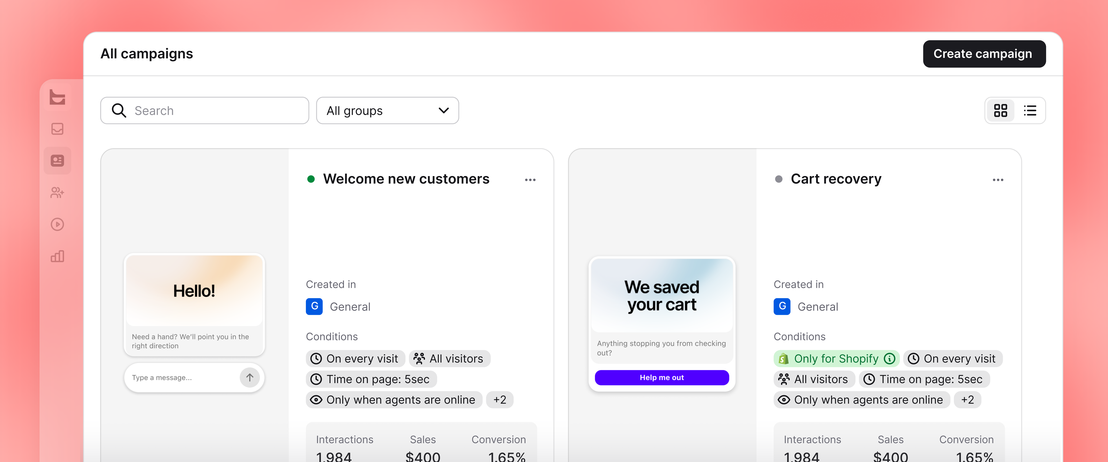 A preview of the Campaigns tab in the Engage section of the live chat by Text app.