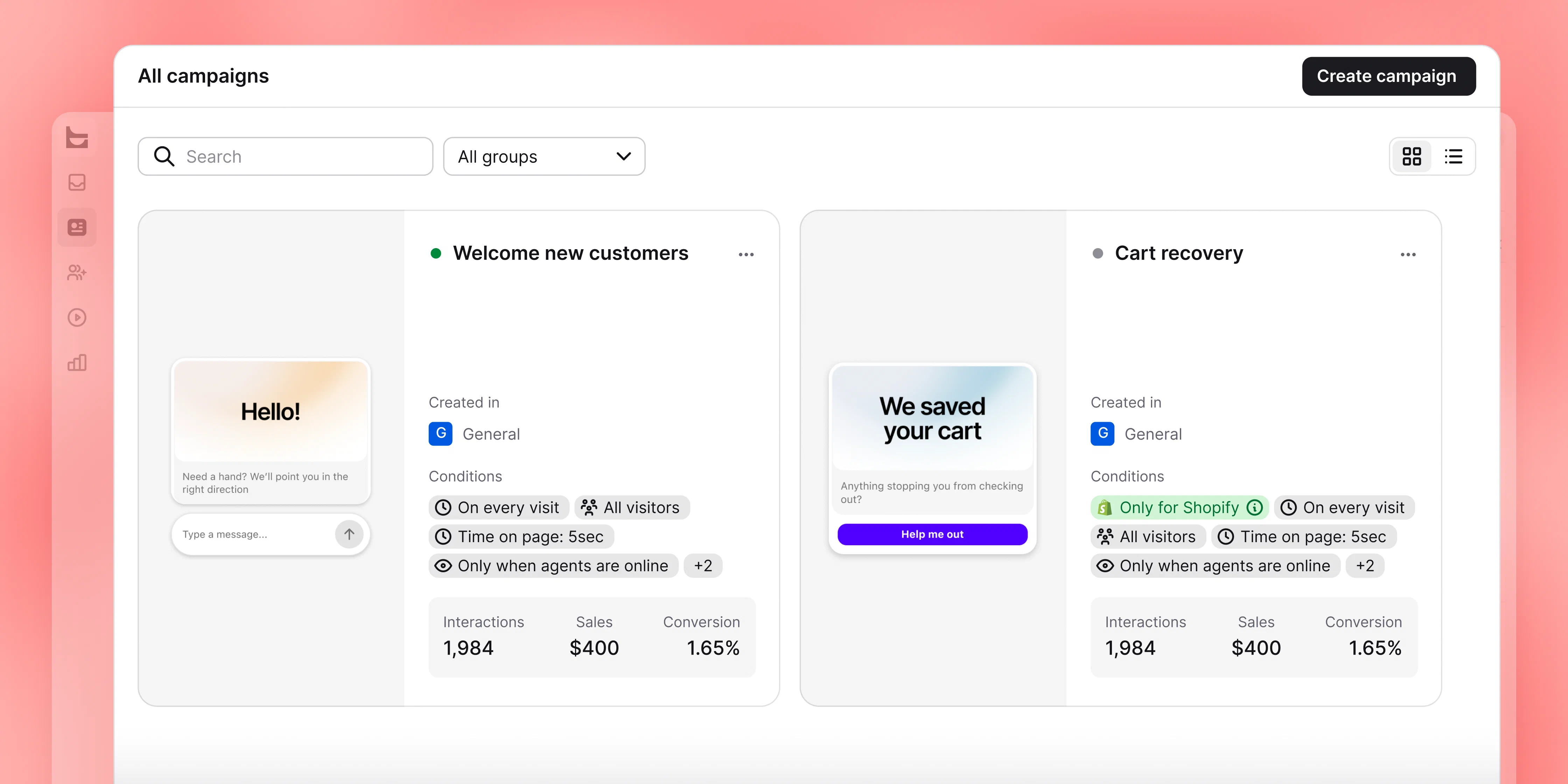 LiveChat campaign settings and a targeted message displayed in Chat Widget