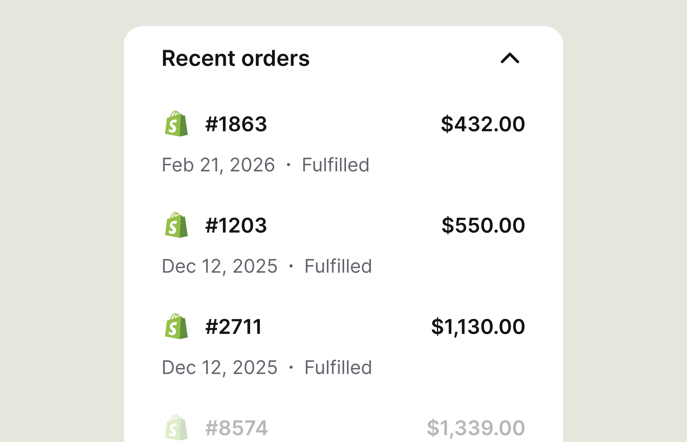 Recent customer orders with values, dates, and fulfillment status.
