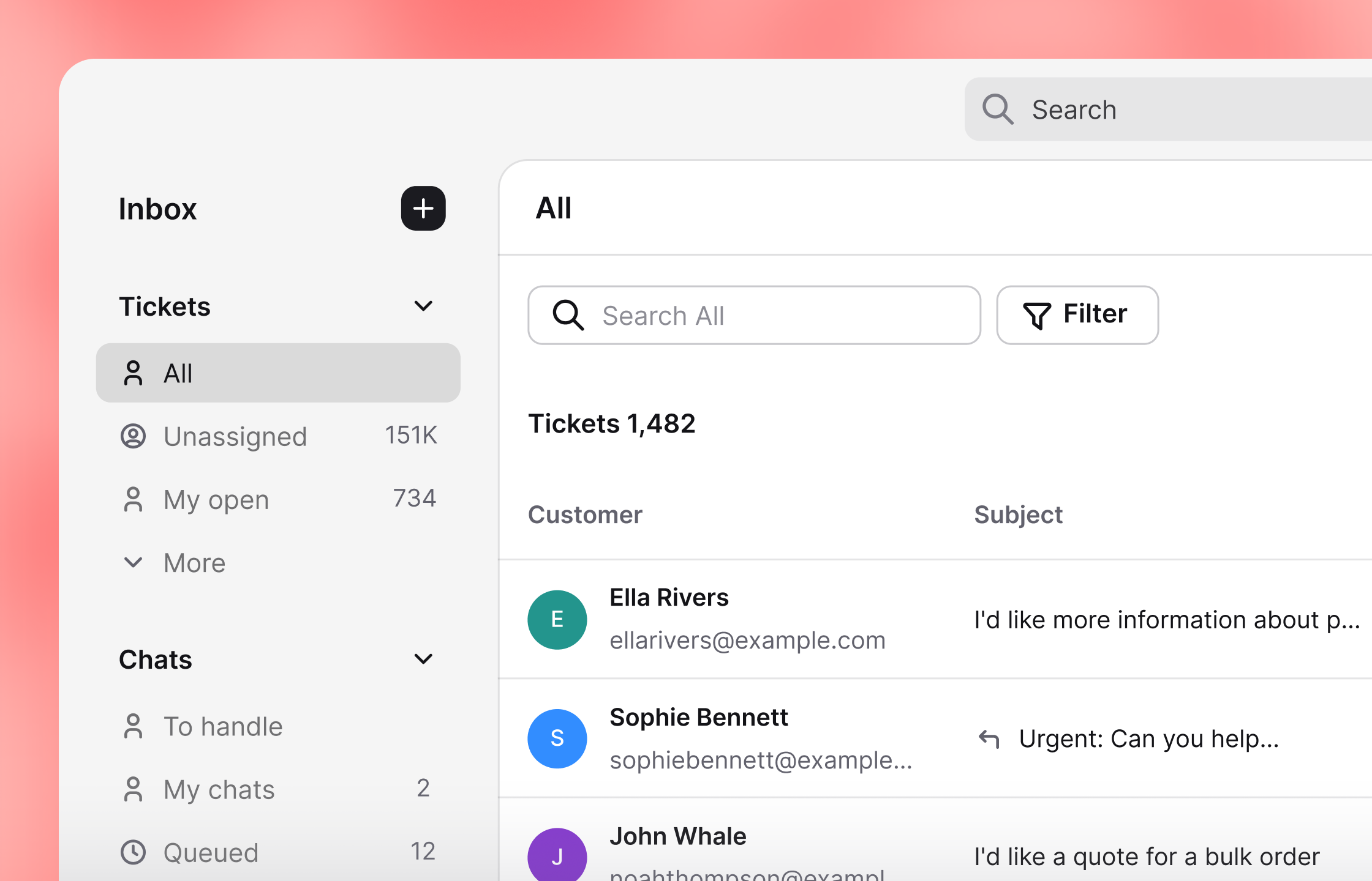 A ticket list with statuses, priorities, and assigned teammates in the unified live chat by Text workspace.