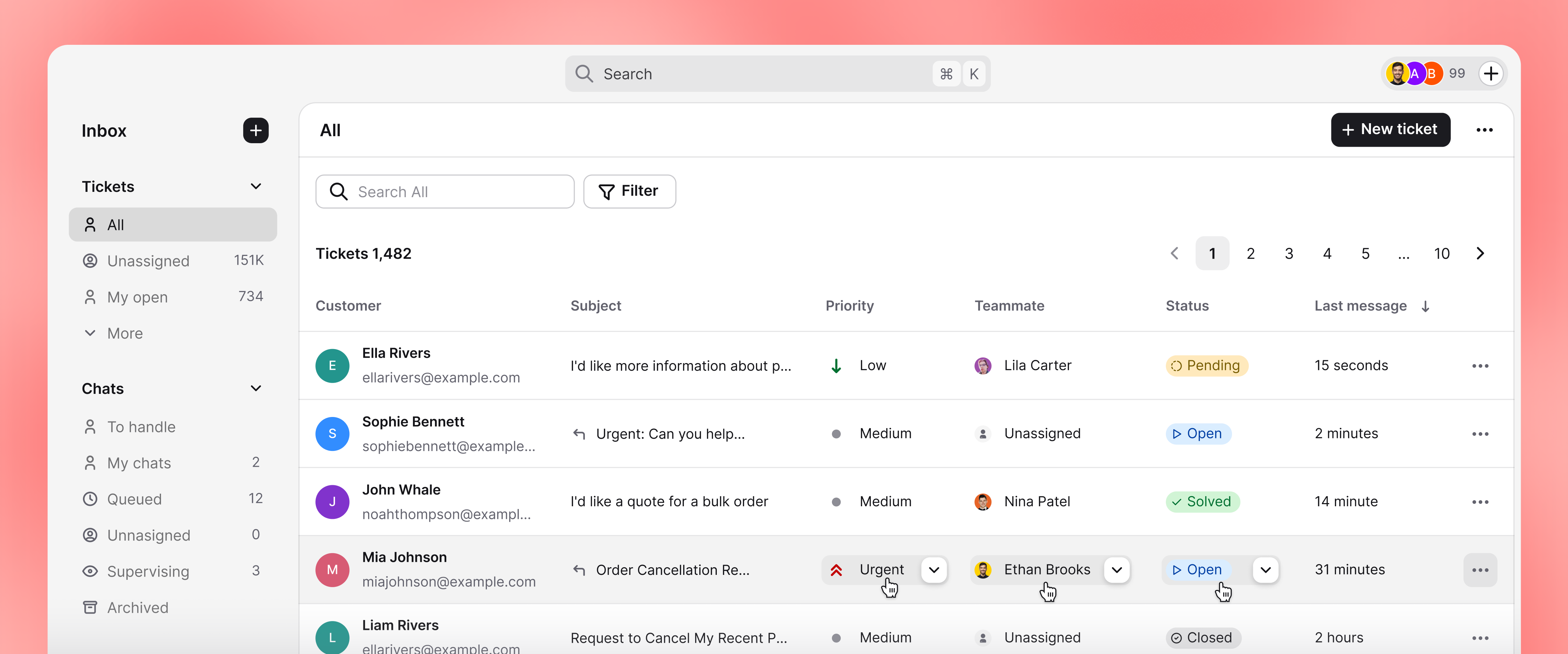 A ticket list with statuses, priorities, and assigned teammates in the unified live chat by Text workspace.