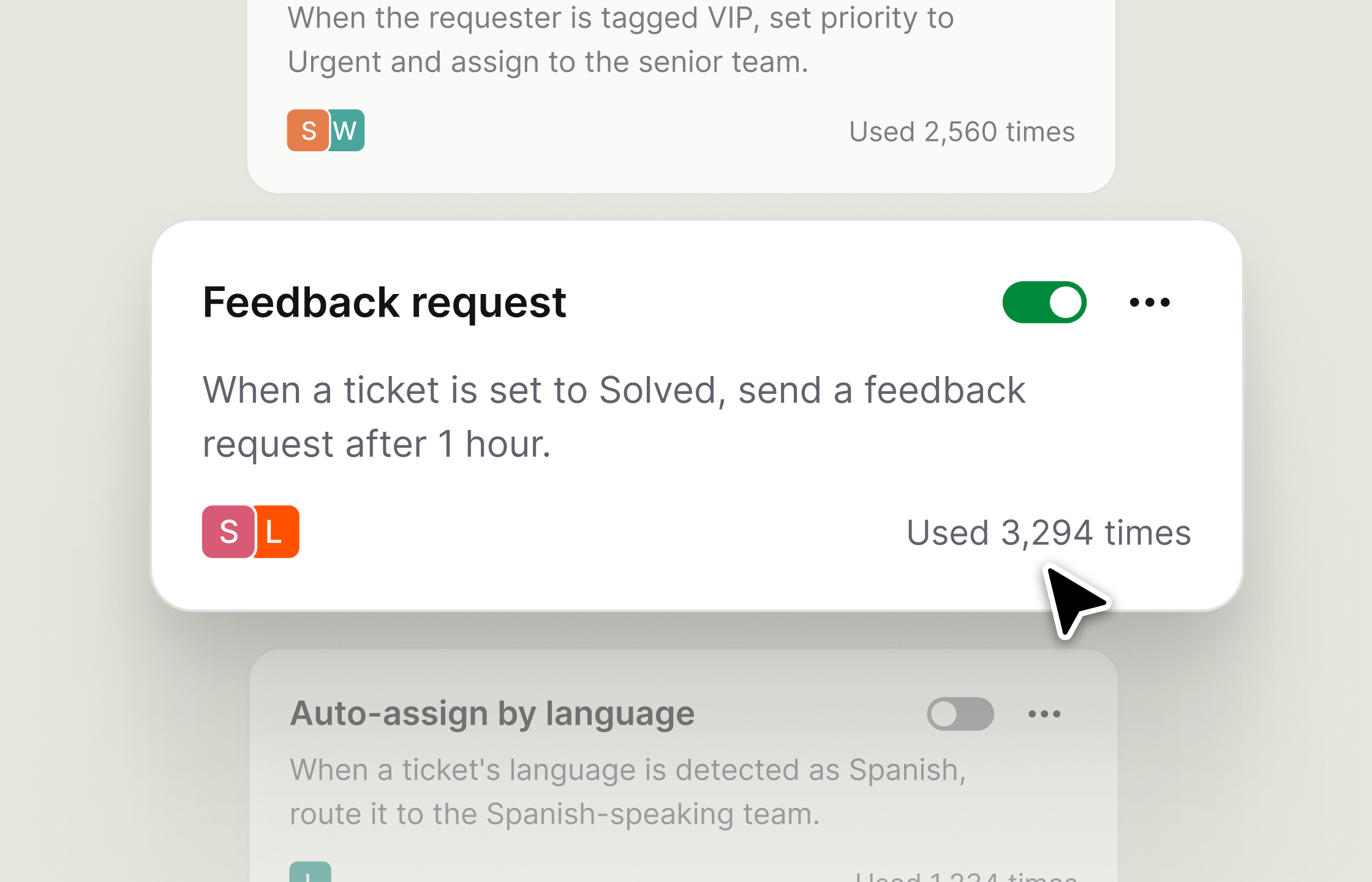Automatic ticket rules for assignment, confirmation, and follow-up.