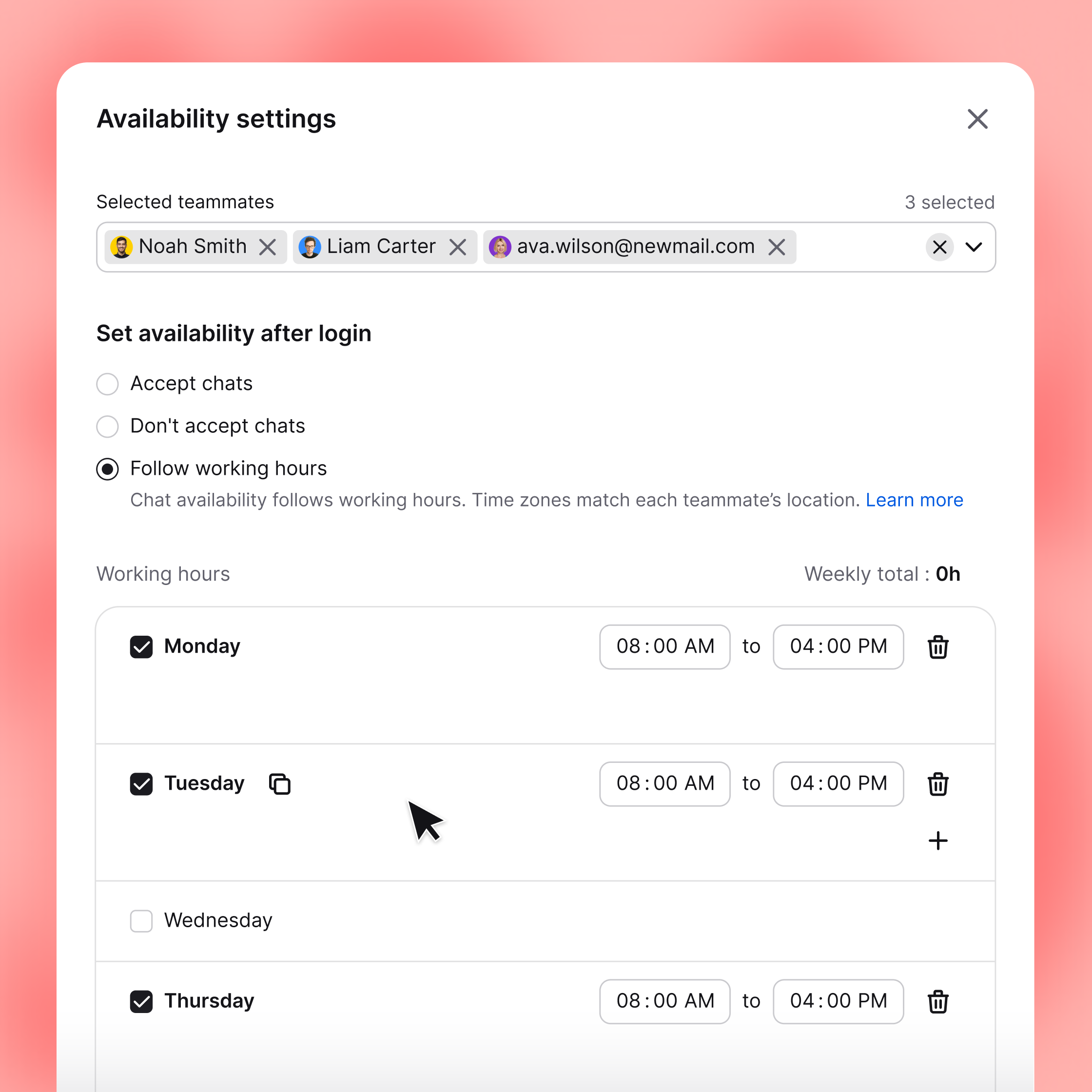 LiveChat team settings showing an agent's role, groups, availability, and working hours