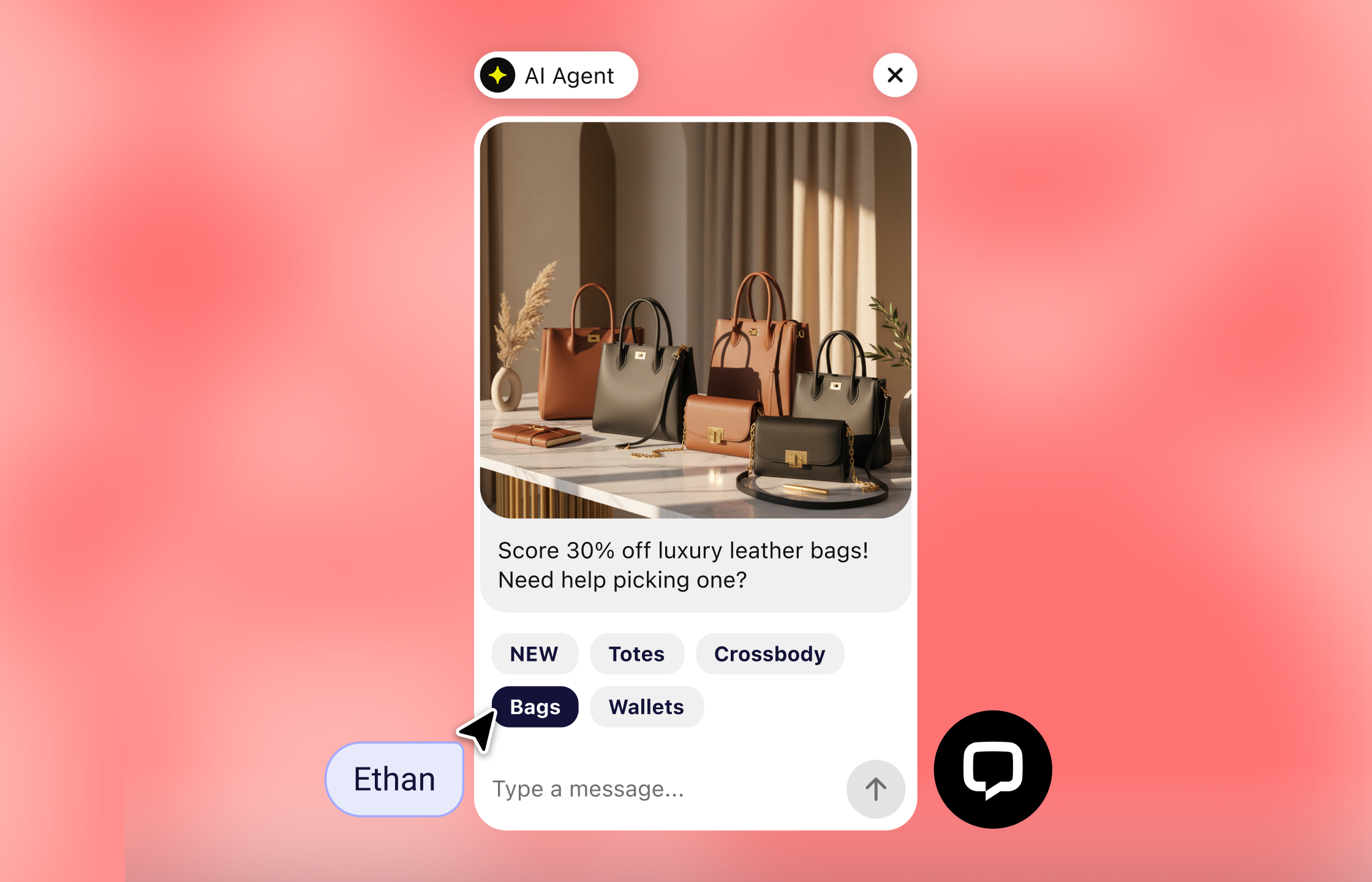 A preview of the chat widget and the conversation between a customer and customer support agent.