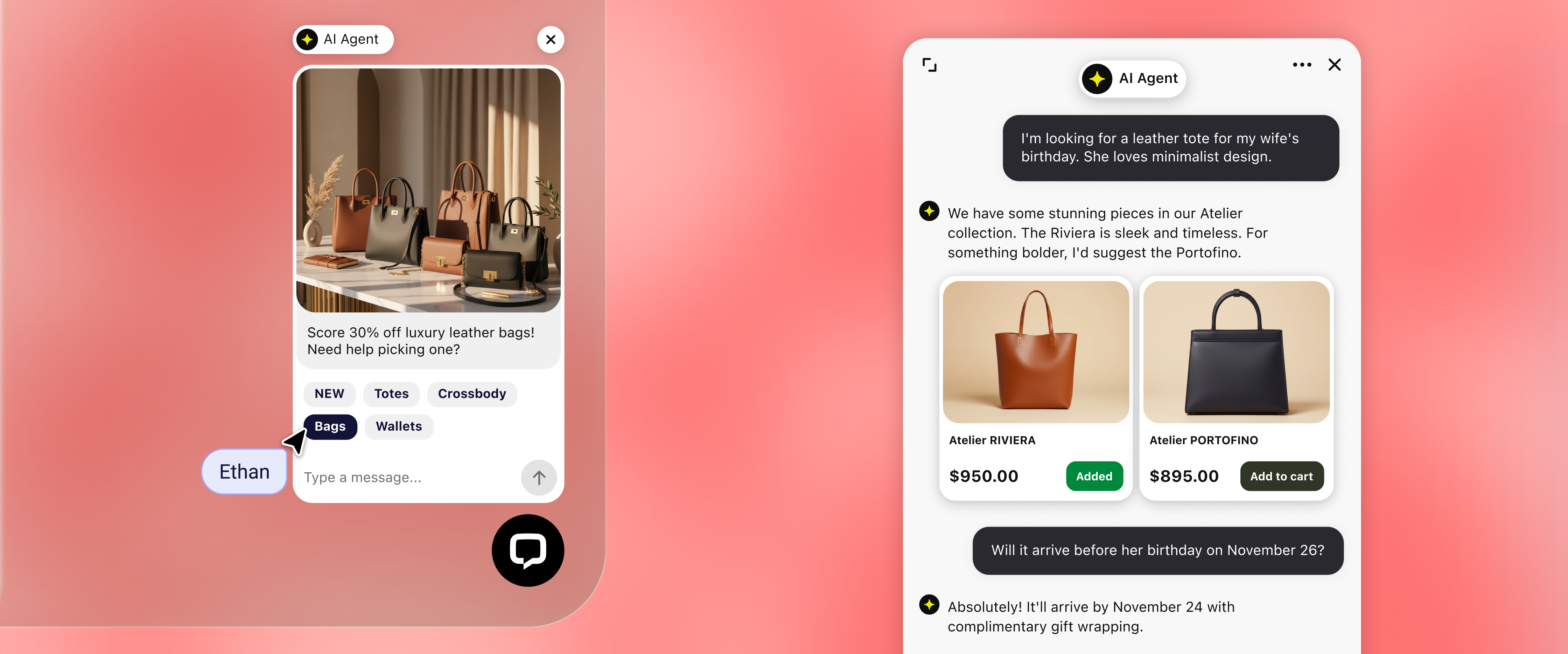 A preview of the chat widget and the conversation between a customer and customer support agent.