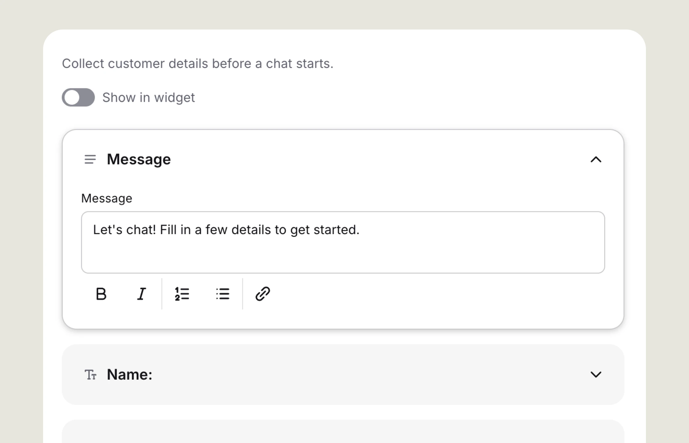 A preview of pre-chat form in the chat widget settings.