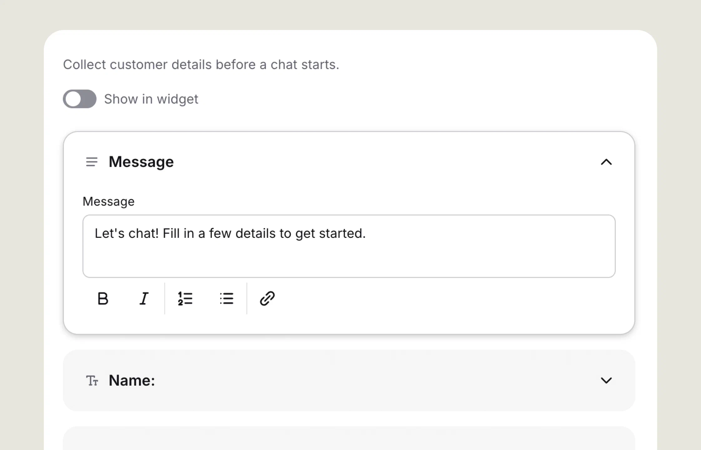 LiveChat form builder with fields for information, name, email, questions, choices, and dropdowns
