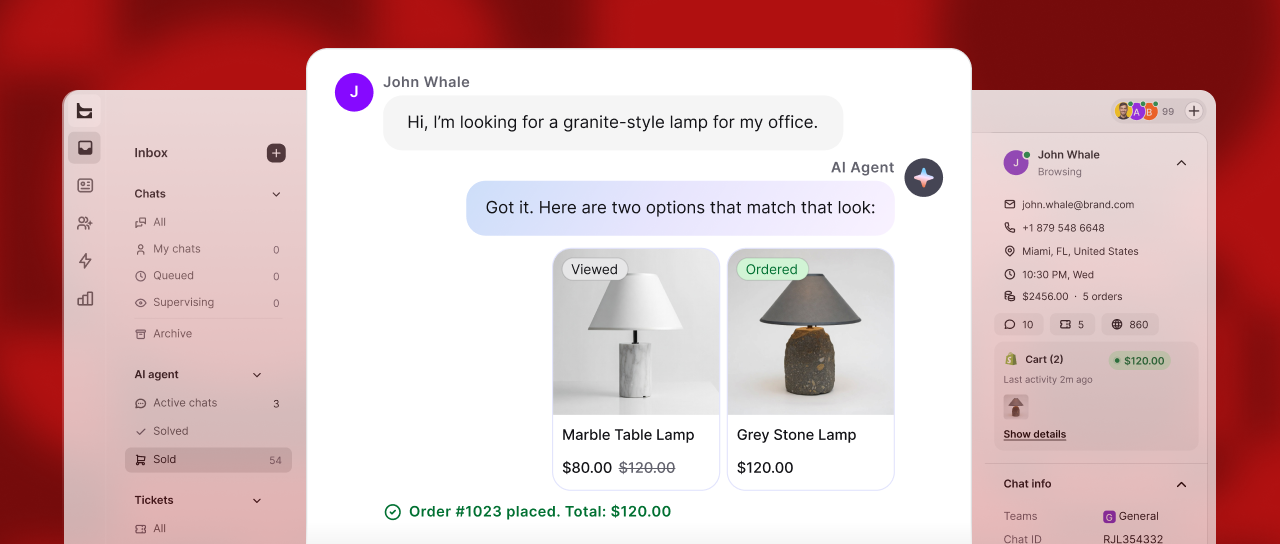 Text AI customer support dashboard recommending granite-style table lamps and confirming a customer order.