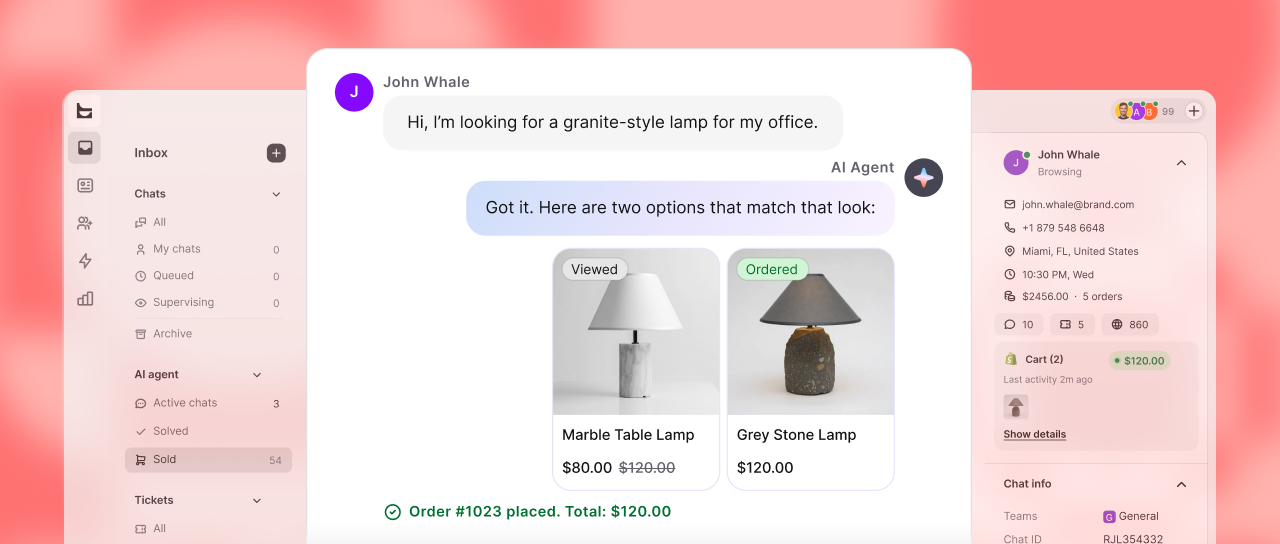 Text AI customer support dashboard recommending granite-style table lamps and confirming a customer order.
