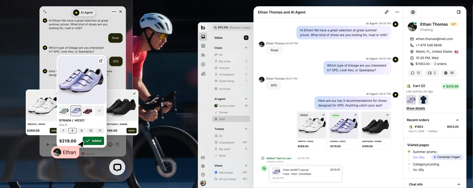 Text app: AI Agent chatting with a customer about cycling shoes, with customer details and cart preview