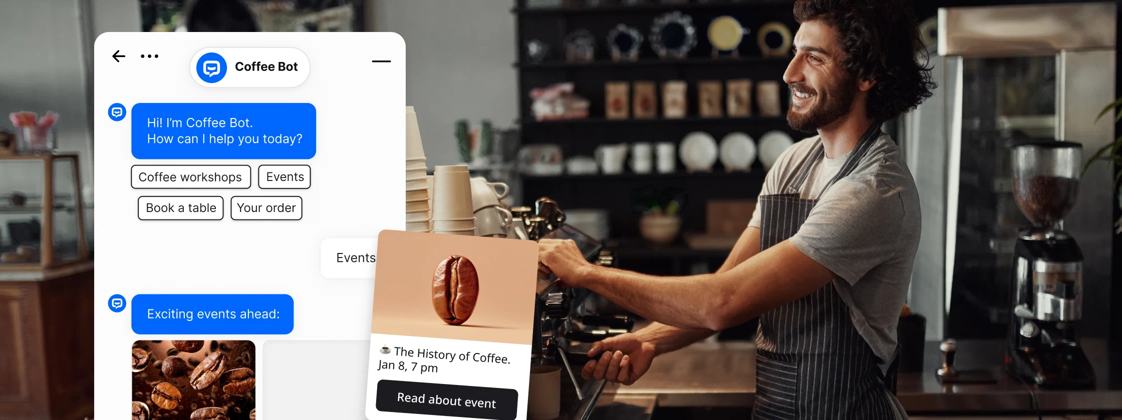 Une personne servant du café dans un café, tandis qu'un chatbot travaille en arrière-plan, envoyant des informations sur les événements à venir à un client.