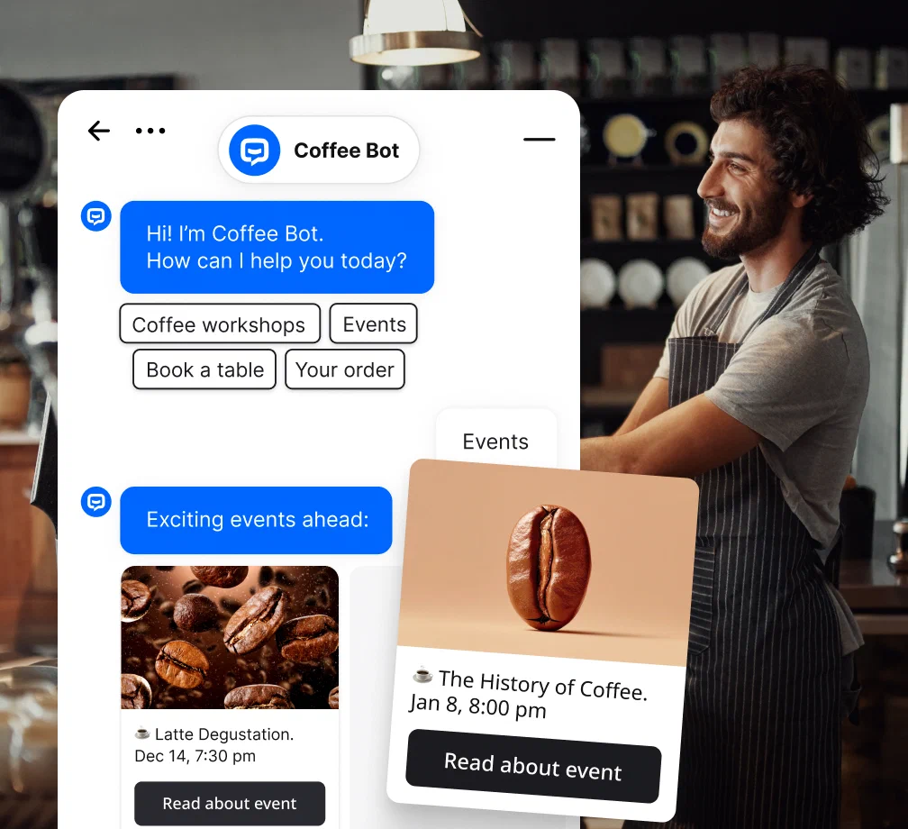 Une personne servant du café dans un café, tandis qu'un chatbot travaille en arrière-plan, envoyant des informations sur les événements à venir à un client.