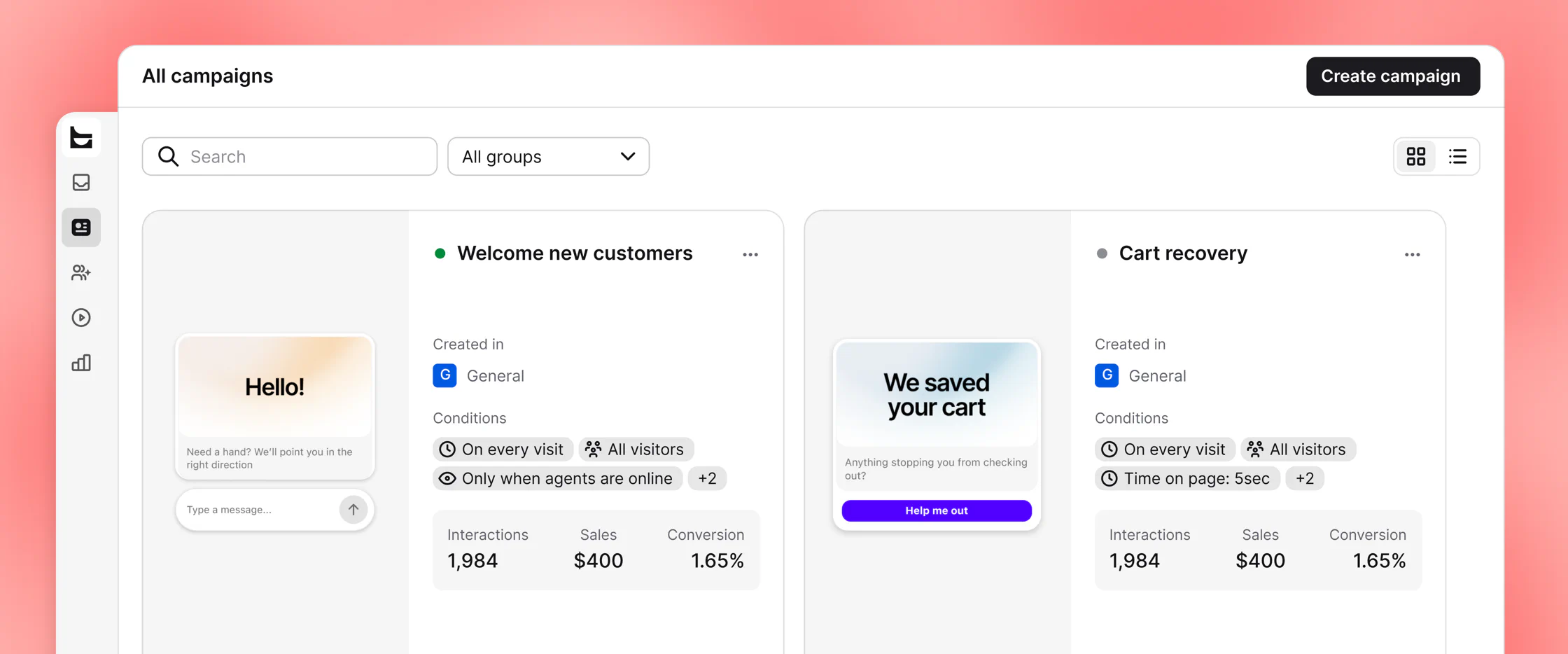 Campaigns list with a “Welcome new customers” greeting and a “Cart recovery” campaign, each with interactions, sales, and conversion stats