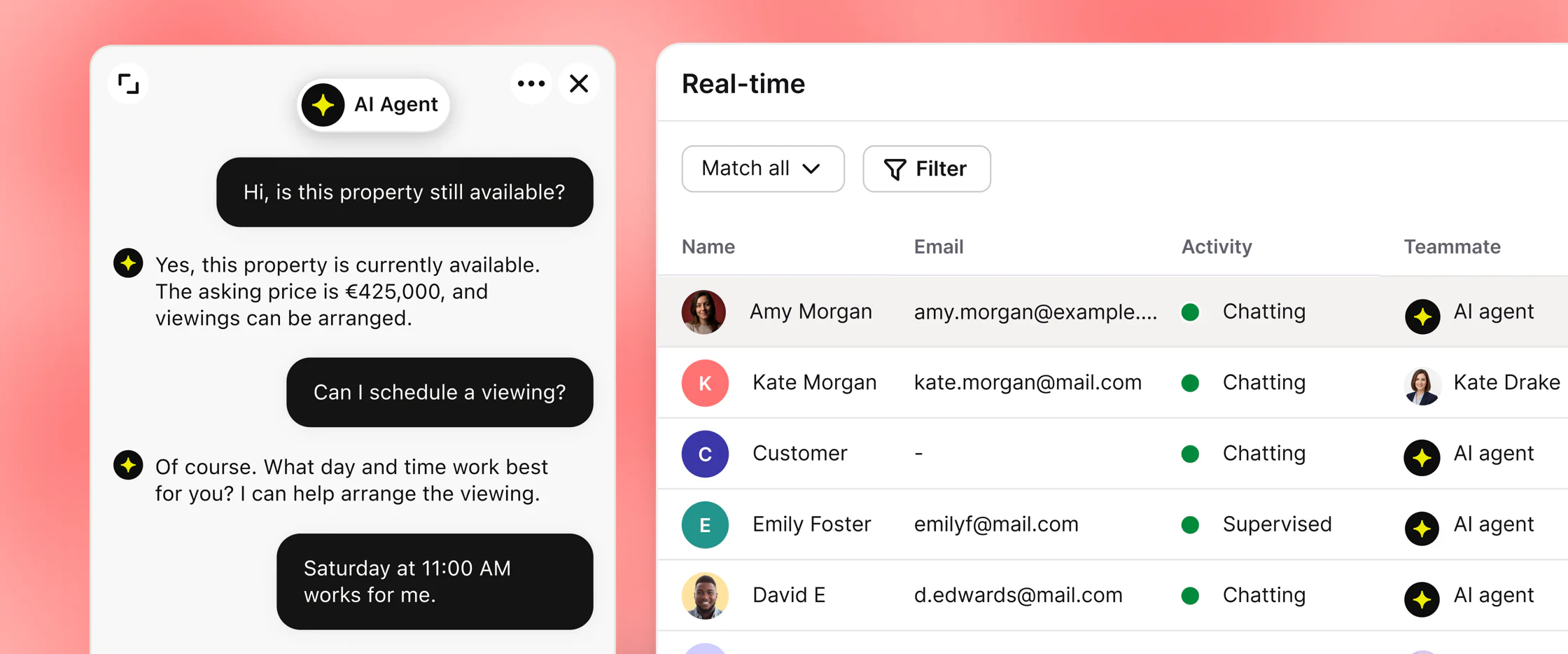AI Agent confirming a property is available and arranging a viewing, next to the Text real-time list of visitors, their activity, and assigned teammates