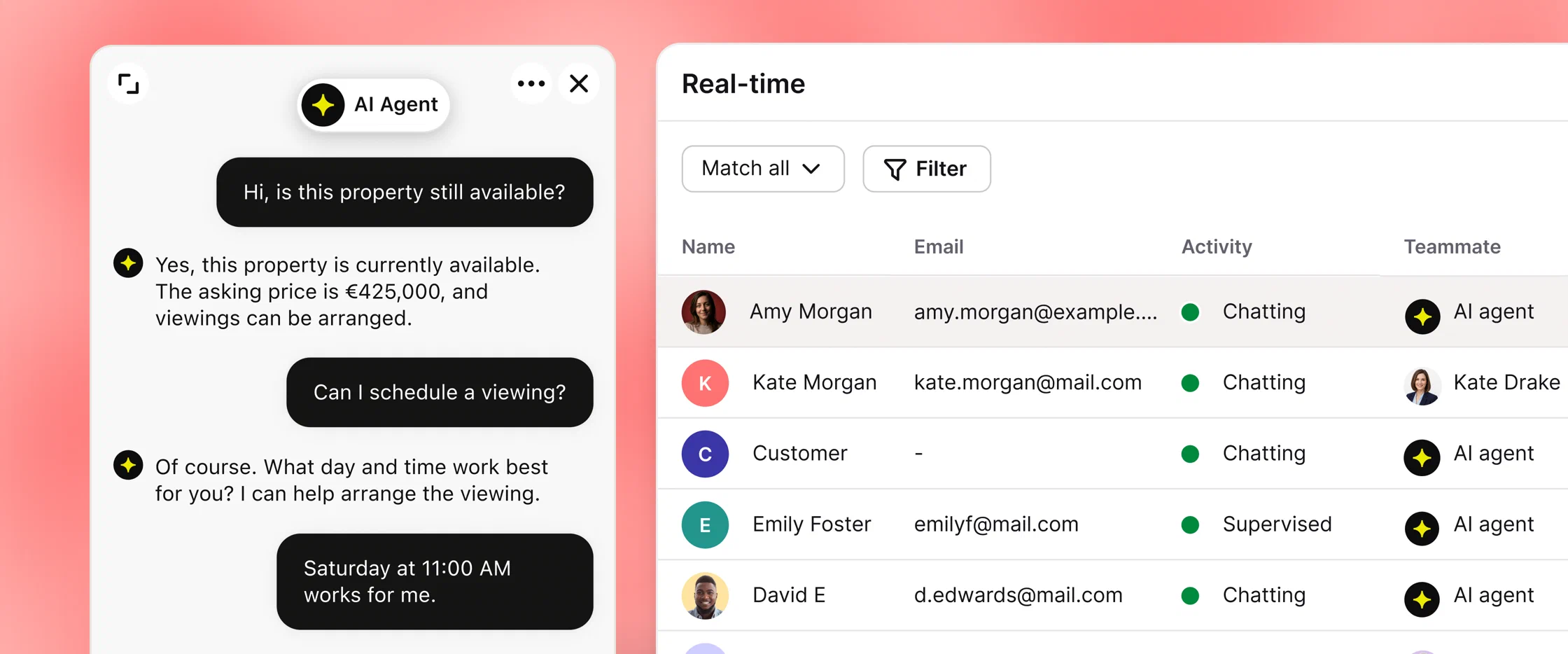 AI Agent confirming a property is available and arranging a viewing, next to the Text real-time list of visitors, their activity, and assigned teammates