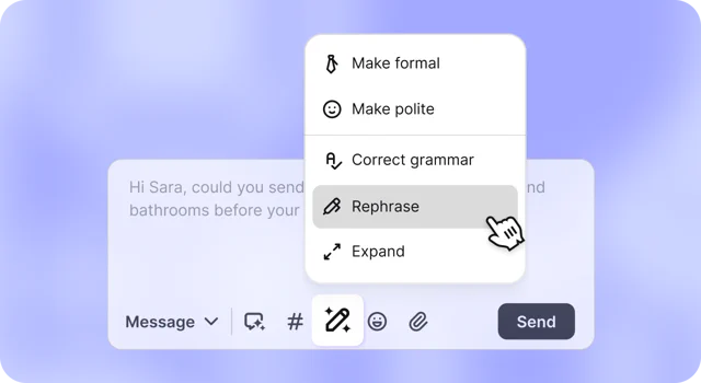 Message box with a draft to Sara and an AI menu open with make formal, make polite, correct grammar, rephrase, and expand