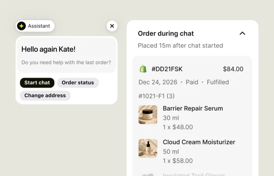 Assistant greeting a returning customer next to an order placed 15 minutes after the chat started: paid, fulfilled, $84.00