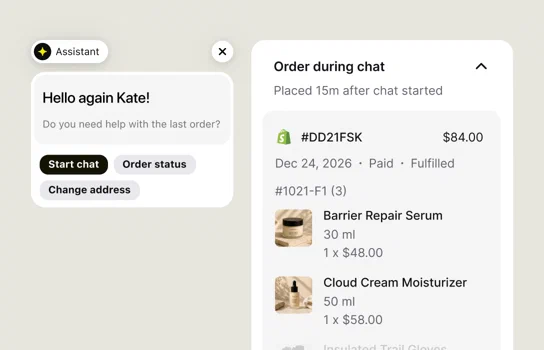 Assistant greeting a returning customer next to an order placed 15 minutes after the chat started: paid, fulfilled, $84.00