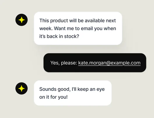 Chat widget offering to email a visitor when a product is back in stock, and the visitor sharing their email address