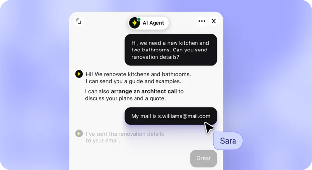 AI Agent offering a visitor renovation details and an architect call, then sending the details to the email address the visitor shares