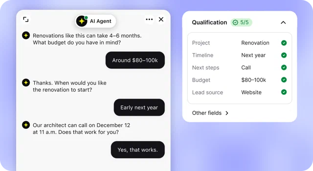 AI Agent asking about budget and start date and booking an architect call, next to a qualification panel with project, timeline, next steps, budget, and lead source filled in