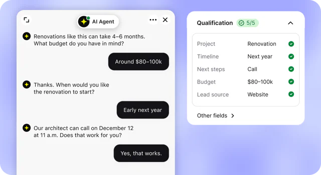 AI Agent asking about budget and start date and booking an architect call, next to a qualification panel with project, timeline, next steps, budget, and lead source filled in
