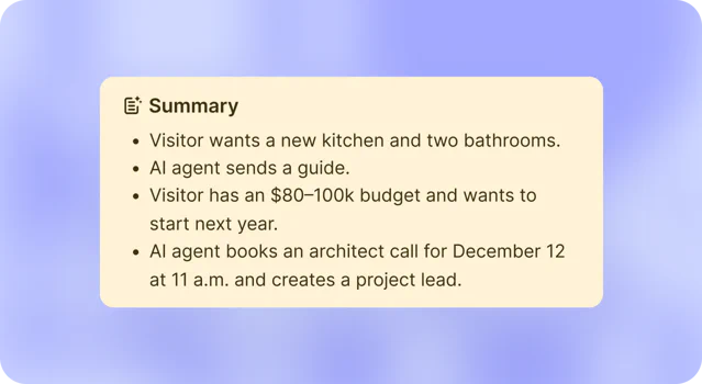 Chat summary: a visitor wants a new kitchen and two bathrooms with an $80–100k budget, and the AI agent books an architect call and creates a project lead