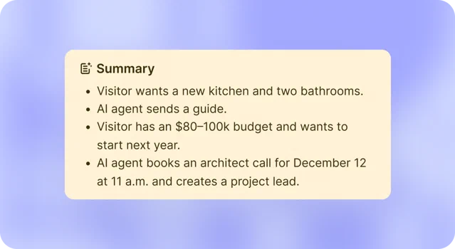 Chat summary: a visitor wants a new kitchen and two bathrooms with an $80–100k budget, and the AI agent books an architect call and creates a project lead