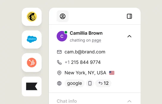 Contact details for Camillia Brown next to Mailchimp, Salesforce, HubSpot, and Klaviyo app icons