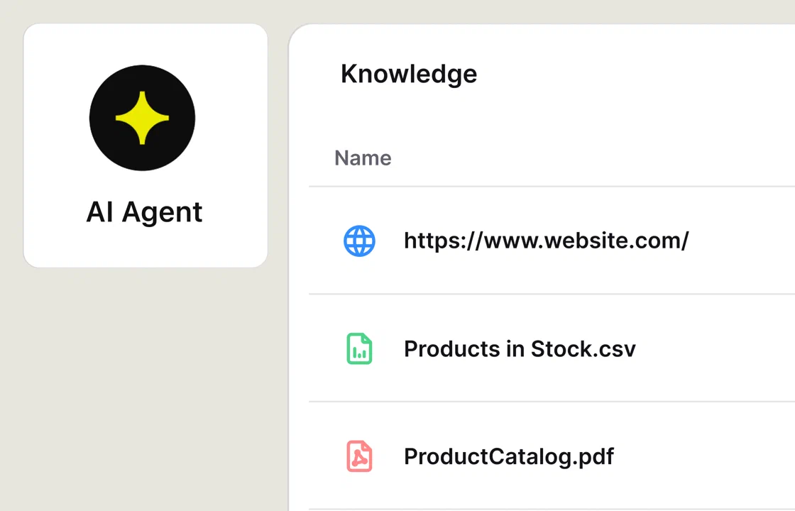 AI Agent knowledge list with a website URL, a stock CSV, and a product catalog PDF.