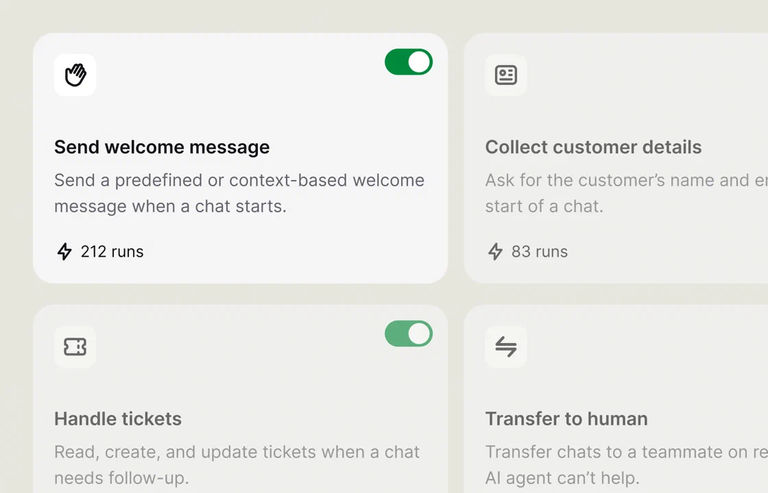 AI Agent skills such as send welcome message, collect customer details, handle tickets, and transfer to human.