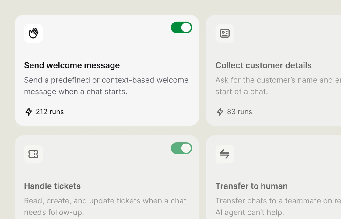 AI Agent skills such as send welcome message, collect customer details, handle tickets, and transfer to human.