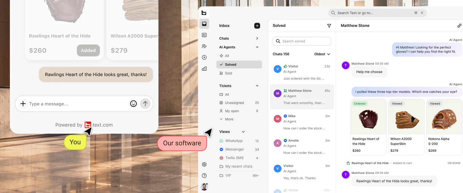 A chat widget with the Powered by Text badge, labelled You, next to the Text inbox, labelled Our software, where AI Agent recommends three baseball gloves and the customer adds one to their cart.